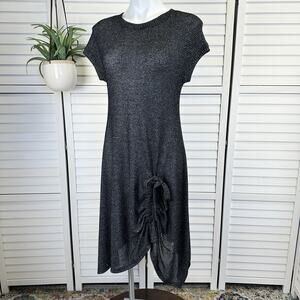 Comfy USA Black Gray Open Knit Dress Ruched Front‎ Bow Unlined Womens Size XS